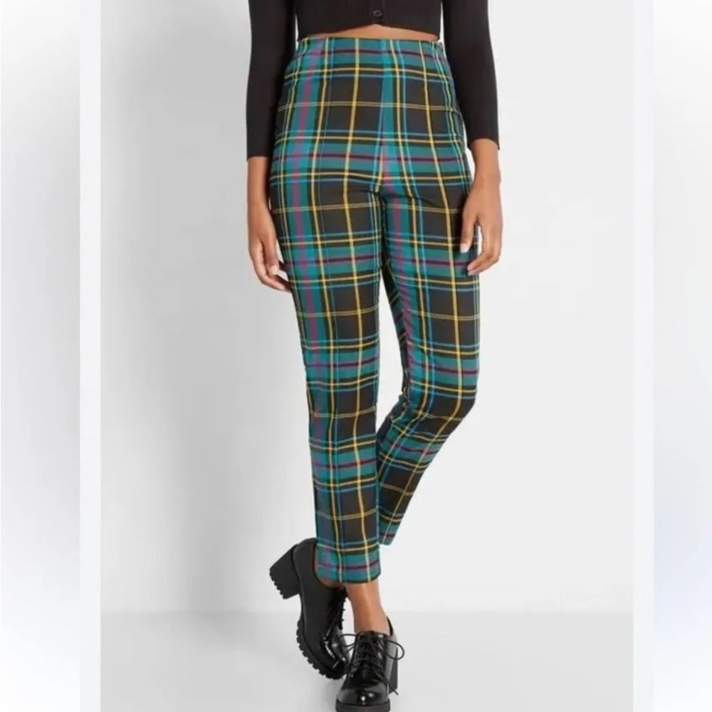 Collectif Teal and Black Plaid High-Waist Cropped Trousers